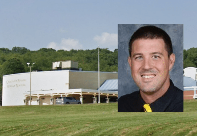Composite image showing Patrick N. Isgan, who allegedly failed to reported child sexual abuse, in front of Chestnut Ridge Middle School in Pennsylvania, where he was previously an assistant principal.