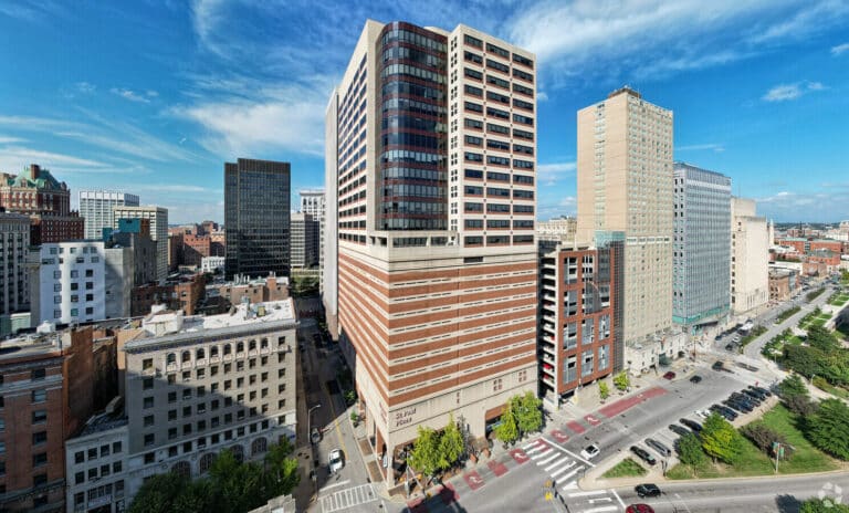 Exterior view of Baltimore City Department of Social Services headquarters at 200 St. Paul Place, Baltimore, MD 21202.