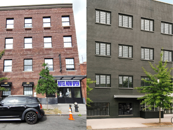 Exterior views of Brooklyn hotels Essence and Sondesr. The hotels are named in a federal lawsuit alleging they enabled sex trafficking by convicted trafficker Joseph Harris.