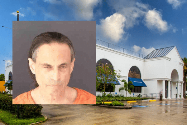 Composite image showing a mugshot of Dr. Stephen Feig overlaid on a photo of the Brain Wave Center in Sarasota, Florida, where he worked as a medical director.