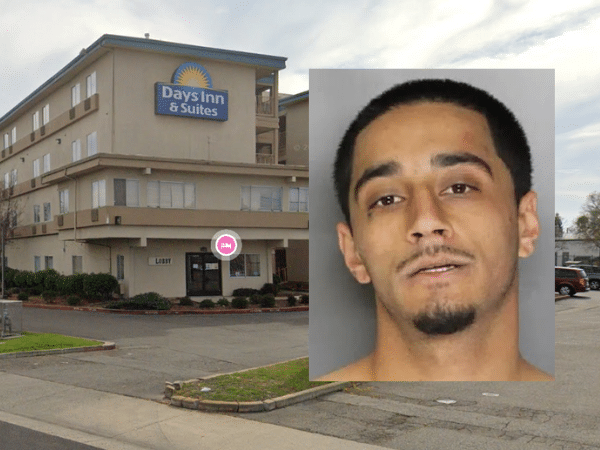 Street view of Days Inn & Suites in Rancho Cordova, California, with an overlaid photo of Abdul Basier Hashimi. A federal lawsuit alleges the hotel enabled child sex trafficking by Hashimi on its premises. Hashimi was convicted in federal court.