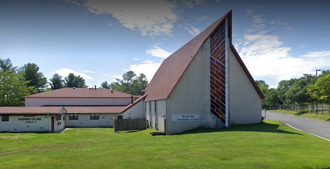 Google Street View image showing the front exterior of Rockville Assembly of God church in Rockville, Maryland; the page discusses a sexual abuse lawsuit filed against the church.