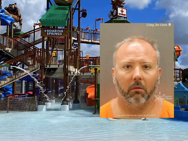 Mugshot of Bo Gene Crisp, 40, overlaid on a background image of Camp IdaH2O at Roaring Springs Water Park in Meridian, Idaho. Crisp was arrested for allegedly sexually assaulting multiple minors at the park.