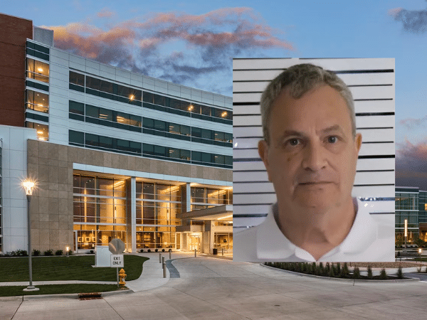 Mugshot of Dr. Anthony J. Carbone overlaid on an exterior view of MercyOne Genesis Hospital in Davenport, Iowa. Carbone, a former executive at the hospital, has been charged with sexually abusing two minors.