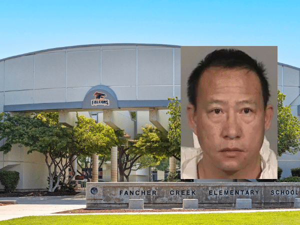 Composite image showing the exterior of Fancher Creek Elementary School, part of Clovis Unified School District in California, with a smaller inset photo of Neng Yang, a former teacher convicted for child sexual exploitation.