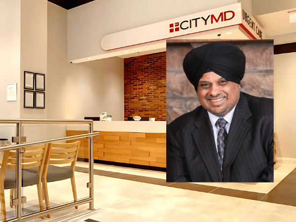 Dr. Gurvindra Johal, a former New Jersey urgent care physician, superimposed in front of a CityMD urgent care reception area. Johal has been indicted on multiple charges including sexual assault and record tampering.