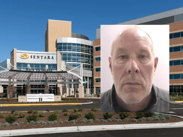 Mugshot of Kevin Coolong, a former nurse anesthetist who surrendered his license after allegations of sexual misconduct with patients, overlaid on a photo of Sentara Leigh Hospital, one of the facilities where the reported abuse occurred.