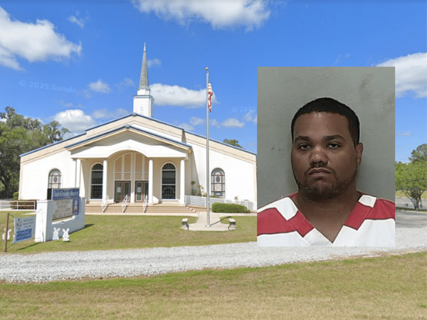 Mugshot of John James Sales, charged with child sex crimes, with Oak-Griner Baptist Church, a place where he coached baseball, in the background.