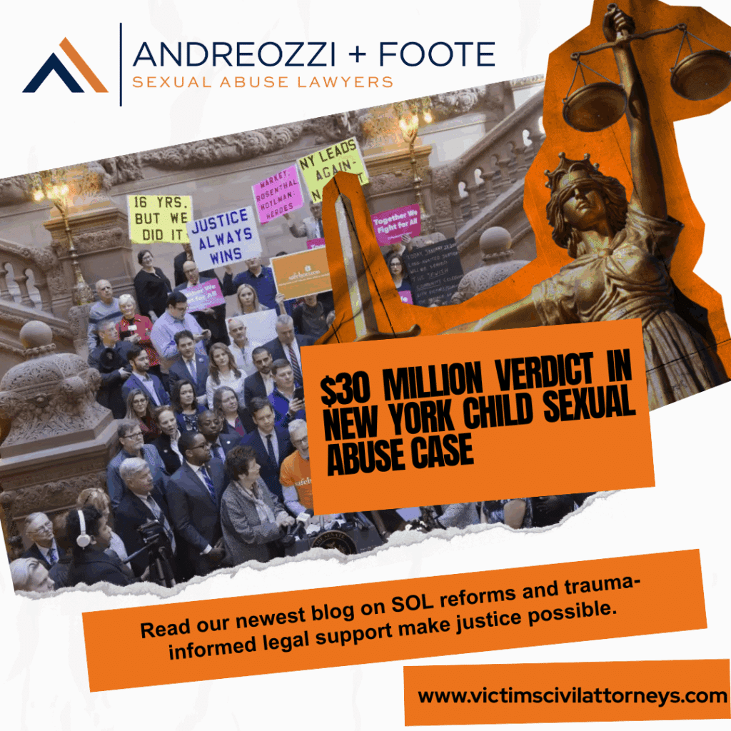 Flier show the 30mmillion verdict win in New York Child Abuse