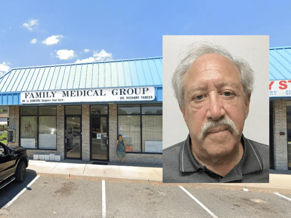 Exterior of Family Medical Group in Little Ferry, NJ, with a sign listing Dr. Richard Tancer; inset shows a photo of Dr. Tancer, a 68-year-old physician charged with two counts of criminal sexual contact.