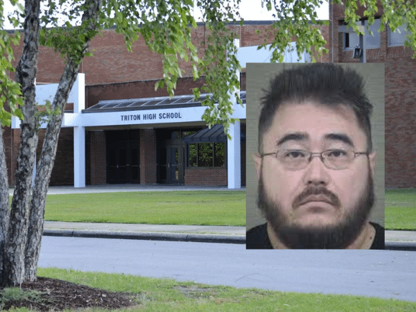 Exterior of Triton High School in Erwin, North Carolina, with an inset image of Denny Shaun Dalton, a former teacher facing dozens of sex crime charges, some involving students.
