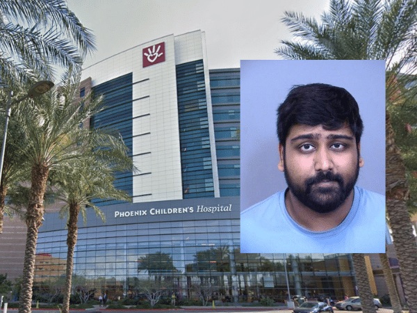 Phoenix Children’s Hospital with an inset booking photo of Jaydeep Patel, a former hospital employee charged with nine felony counts of child sexual exploitation.