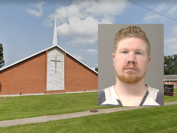 Mugshot of Jonathan Daniel Lyon, a former church youth leader charged with sexual abuse, overlaid on an image of Grace Baptist Church in Decatur, Illinois.