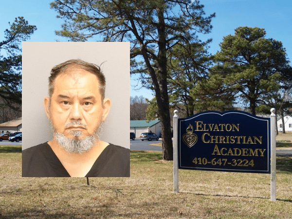 Mugshot of William Auburn Jones, a Maryland pastor and former teacher charged with sexually abusing multiple students, overlaid on an image of Elvaton Christian Academy, the school where the alleged abuse occurred.