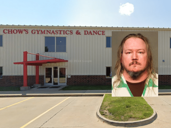 Chow’s Gymnastics & Dance in West Des Moines, Iowa, where multiple survivors reported abuse by coach Sean Gardner. Inset: Gardner’s mugshot following his August 2025 FBI arrest on federal child sexual abuse material charges.