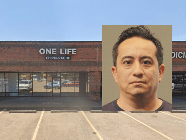 One Life Chiropractic in Katy, Texas, where former chiropractor Joshua Aaron Gomez allegedly assaulted a patient. Overlaid is his booking photo.