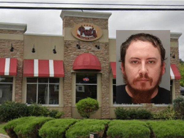 Mugshot of Justin Pate overlaid on a background image of Pat’s Pizza Brookhaven, where he worked at the time of the allegations.