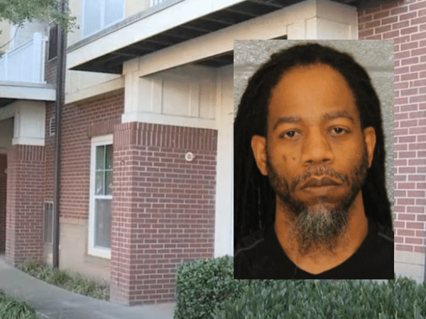 Exterior of Silent Moments Spa in Charlotte, North Carolina, with an overlaid mugshot of Jarrod Dequan Crawford, the massage therapist accused of secretly recording a client.