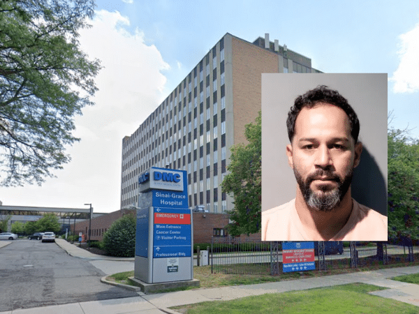 Exterior of DMC Sinai-Grace Hospital with an inset image of nurse Wilfredo Figueroa-Berrios, who has been charged with multiple criminal sexual conduct charges.