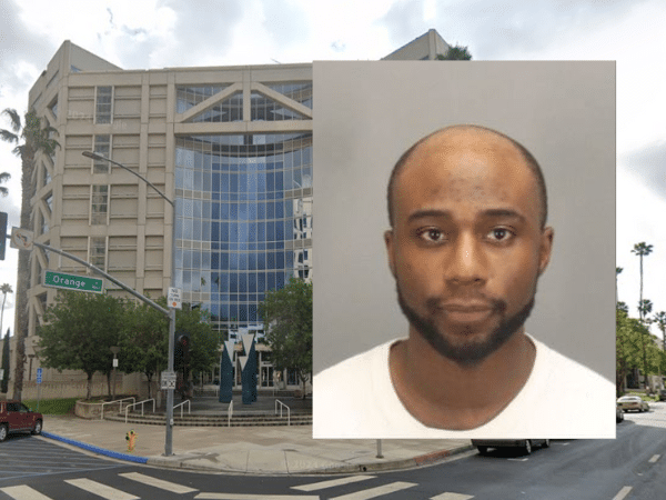 Mugshot of Antoine Christopher Sims overlaid on an exterior photo of the Robert Presley Detention Center building in California.