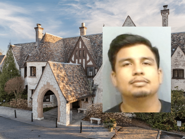 Composite image showing the exterior of Pace Academy, a private college preparatory school in Atlanta, Georgia, with an overlaid mugshot of former teacher Marshall Lopez, who was arrested on sexual battery charges.