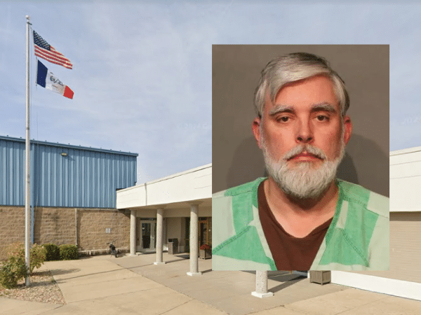 Composite image showing the exterior of Ankeny Christian Academy in Ankeny, Iowa,. Overlaid on the right side is a mugshot of Michael Scott Burrows, a band teacher facing three counts of lascivious acts with a child.