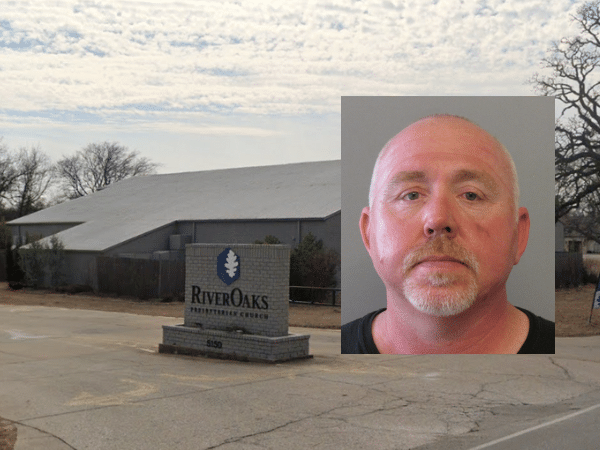 Photo of RiverOaks Presbyterian Church in Tulsa, Oklahoma, with an inset mugshot of former church employee Kurt Erich Schmitz, who has been charged with child sexual abuse material and Peeping Tom–related offenses.