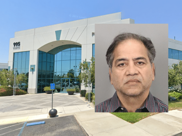 Exterior of California Specialty Physicians in Milpitas, where Dr. Sanjay Agarwal operated his practice, with an inset booking photo of him following his arrest for alleged sexual battery.