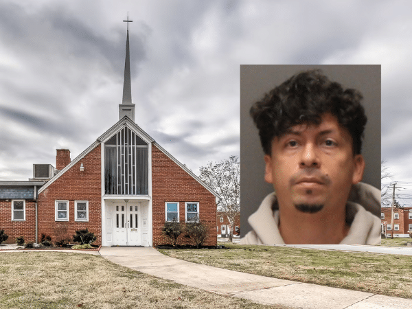 Exterior of Iglesia Cristiana Sanidad Divina, a church in Dundalk, Maryland, with an overlaid mugshot of former pastor Walter Sevillano, who has been charged with sex abuse of a minor.
