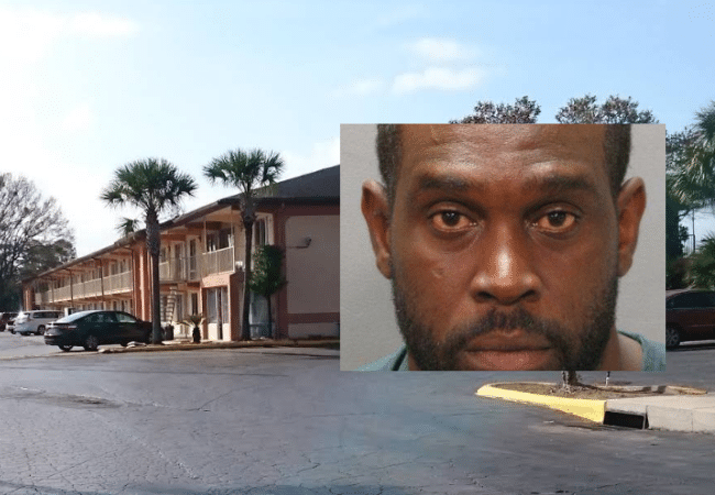 Exterior of the former Super 8 Motel at 5018 University Boulevard West in Jacksonville, Florida, before it became SureStay by Best Western, with an inset mugshot of Roosevelt Glee, a trafficker in the related lawsuit.