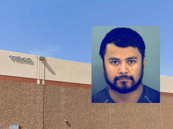 Exterior of the Texas Bandits All-Stars Cheer gym in El Paso, Texas, with an inset booking photo of former cheer coach Christopher Sotelo, who is accused of secretly recording women and children in the facility’s restrooms.