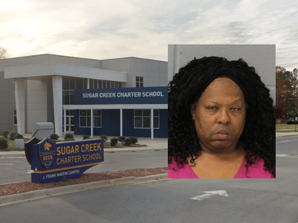 Exterior of Sugar Creek Charter High School in Charlotte, North Carolina, with an inset booking photo of former school bus driver Leetwain Darrell Tate, who has been charged with multiple child sex crimes.