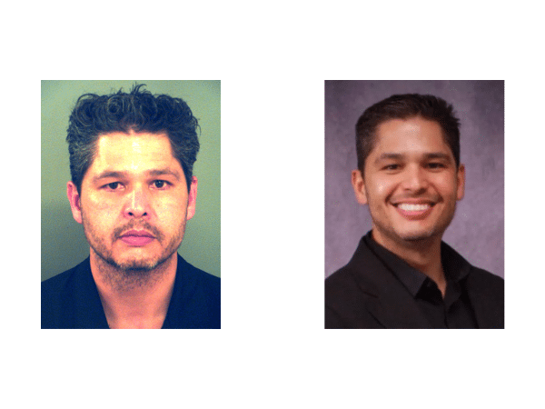 Side-by-side images of former nurse practitioner Victor Lee Ilog. The left image is a booking photo taken after his arrest, and the right image is a professional headshot.