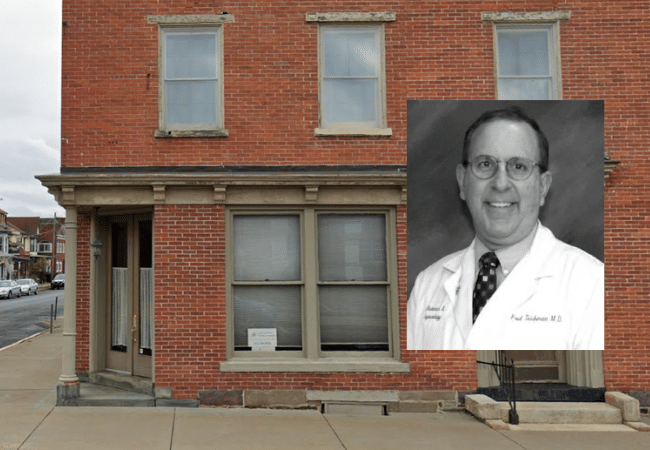 The boarded-up exterior of what was Central Penn Women’s Health in Sunbury, Pennsylvania, the former office of Dr. Fred Teichman.