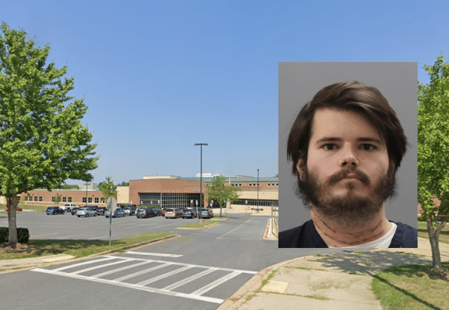 Mugshot of 22-year-old John McAleer, a Frederick County Public Schools special education assistant charged with sexually abusing multiple students; visible injuries on his neck from an apparent suicide attempt. He worked at Oakdale Middle School, pictured in the background.