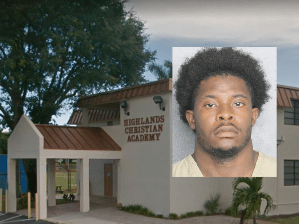 Exterior of Highlands Christian Academy in Pompano Beach, Florida, with an inset mugshot of assistant athletic director Ronison Exavier, who has been charged with sex crimes involving students.
