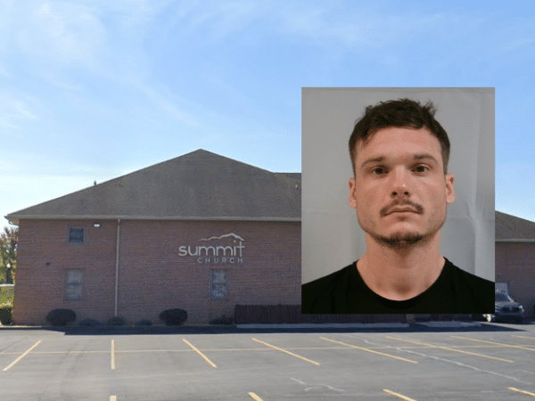 Alt text: Exterior of Summit Church in Elkins, West Virginia, with an inset booking photo of Pastor Kevin Curtis Jones, who was arrested and charged on one felony count of soliciting a minor via computer.