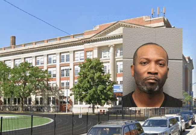 Exterior of Richard T. Crane Medical Preparatory High School in Chicago, where a youth basketball coach, Eric Courts, was accused of child exploitation.