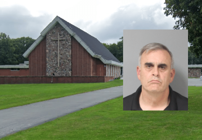 Booking photo of former pastor Glenn Thomas Rosenbaum, charged with multiple counts of criminal sexual conduct, overlaid on an exterior view of Grace Lutheran Church and School, where he previously pastored, in St. Joseph, Michigan.
