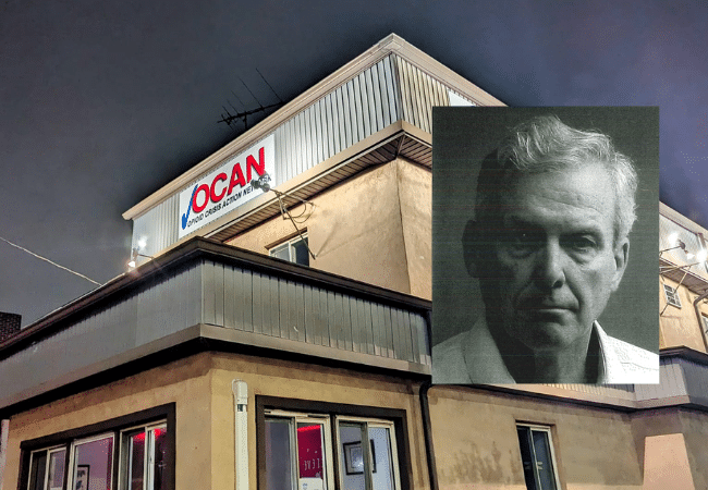 The Opioid Crisis Action Network in Upper Darby behind a photo of director Larry Arata, who is charged with trafficking women in recovery.