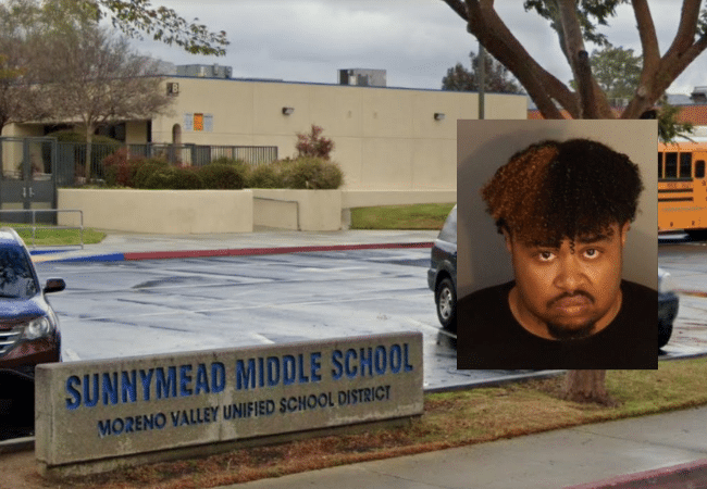 Booking photo of Walter Henry Harrison provided by the Riverside County Sheriff’s Department, alongside a view of Sunnymead Middle School in Moreno Valley, California, where he worked through the after-school program Think Together.
