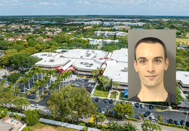 Aerial view of the Donna Klein Jewish Academy campus in Boca Raton, Florida. An inset shows a booking photo of the accused Elias Gordon Farley.