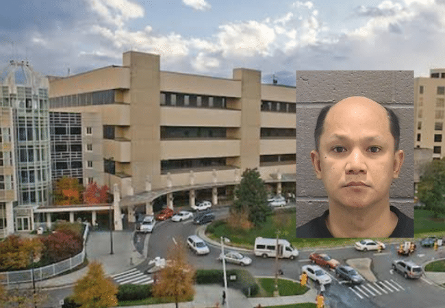 Duke University Hospital in Durham, North Carolina, shown alongside a booking photo of former registered nurse Jomil Tugado following his arrest on sexual assault charges.