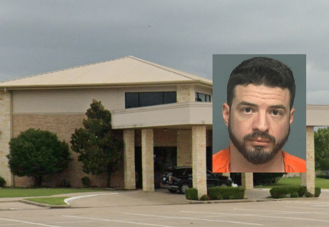 : Mugshot of Matthan Timothy Lough, arrested on a child grooming charge, alongside the exterior of Christian Center of Mesquite in Mesquite, Texas.