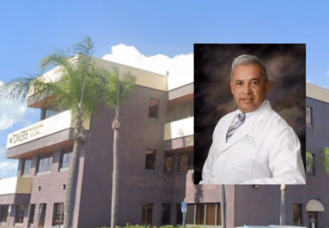 Composite image showing Florida Neurology Group office building in Cape Coral alongside a portrait of neurologist Gerardo A. Gamez, whose medical license was suspended by the Florida Department of Health.