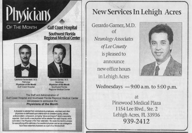 Archival News-Press images featuring neurologist Gerardo A. Gamez, M.D., including a hospital recognition notice (left) and a Neurology Associates of Lee County office announcement in Lehigh Acres, Florida (right).