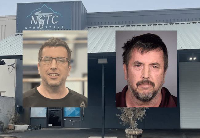 Exterior of Northwest Gymnastics Training Center in Gresham, Oregon, alongside photos of former director Eric Michael Stinson, who was arrested on felony sex abuse charges.