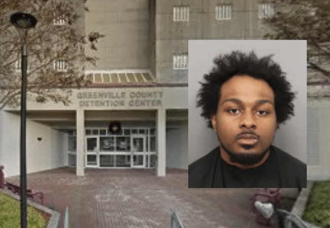 Alt text: Greenville County Detention Center with inset booking photo of Ya’Zeir Armayne Hedgeman, a home care aide charged with criminal sexual conduct and abuse.