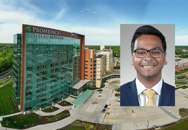 Exterior view of ProMedica Toledo Hospital with an inset headshot of former medical resident Advait Deshmukh, charged with voyeurism and tampering with evidence.