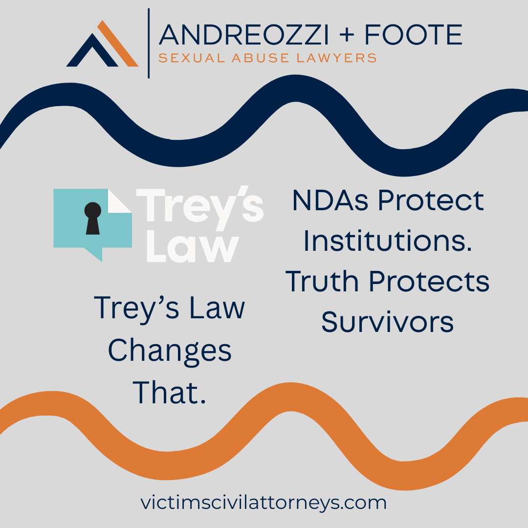 Graphic explaining Trey’s Law and how NDAs affect survivors and institutions